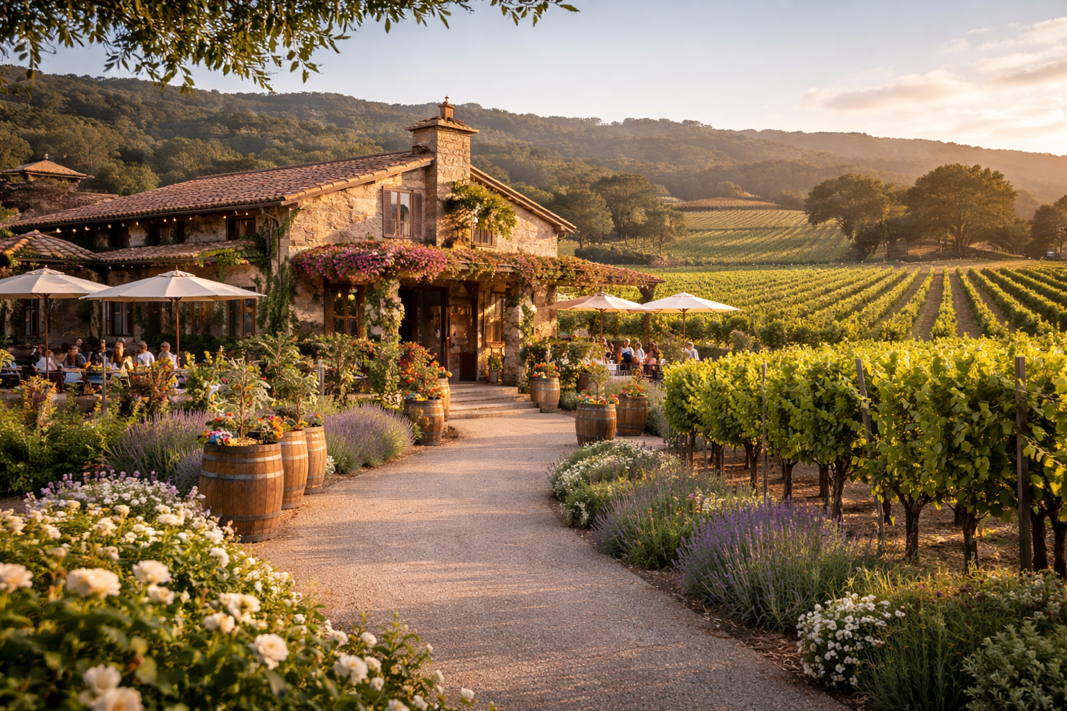 Serene winery in sunlit vineyard
